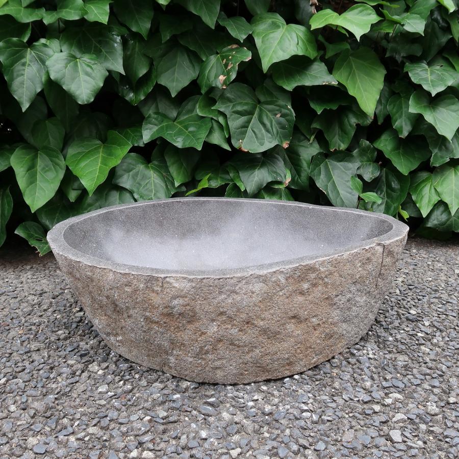 天然石をくり抜いた手水鉢 リバーストーン Lサイズ 51X38 つくばい