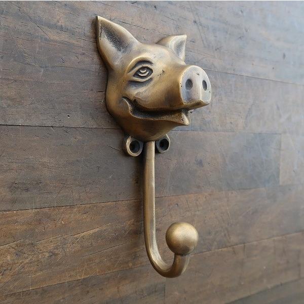豚 フック 真鍮製 壁掛け吊り下げフック アンティーク調 U-103【ブタ