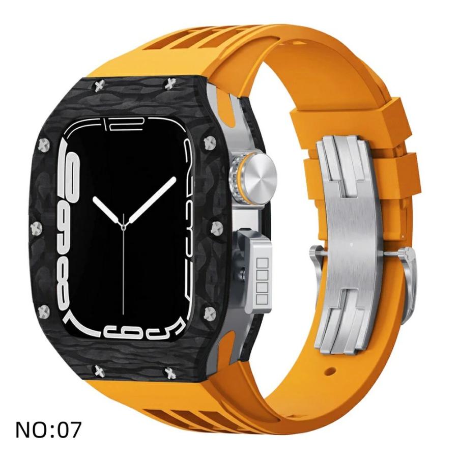 送料無料   Apple Watch se 44mm バンド  Apple Watch series 9 8 7  45mm 一体型 バンド   炭素繊維+チタン合金カバー  Apple Watch se 44mm 一体型 交換用バンの画像