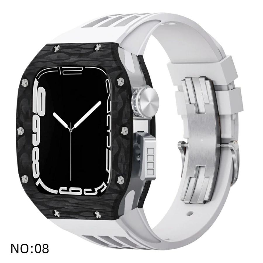 送料無料   Apple Watch se 44mm バンド  Apple Watch series 9 8 7  45mm 一体型 バンド   炭素繊維+チタン合金カバー  Apple Watch se 44mm 一体型 交換用バンの画像