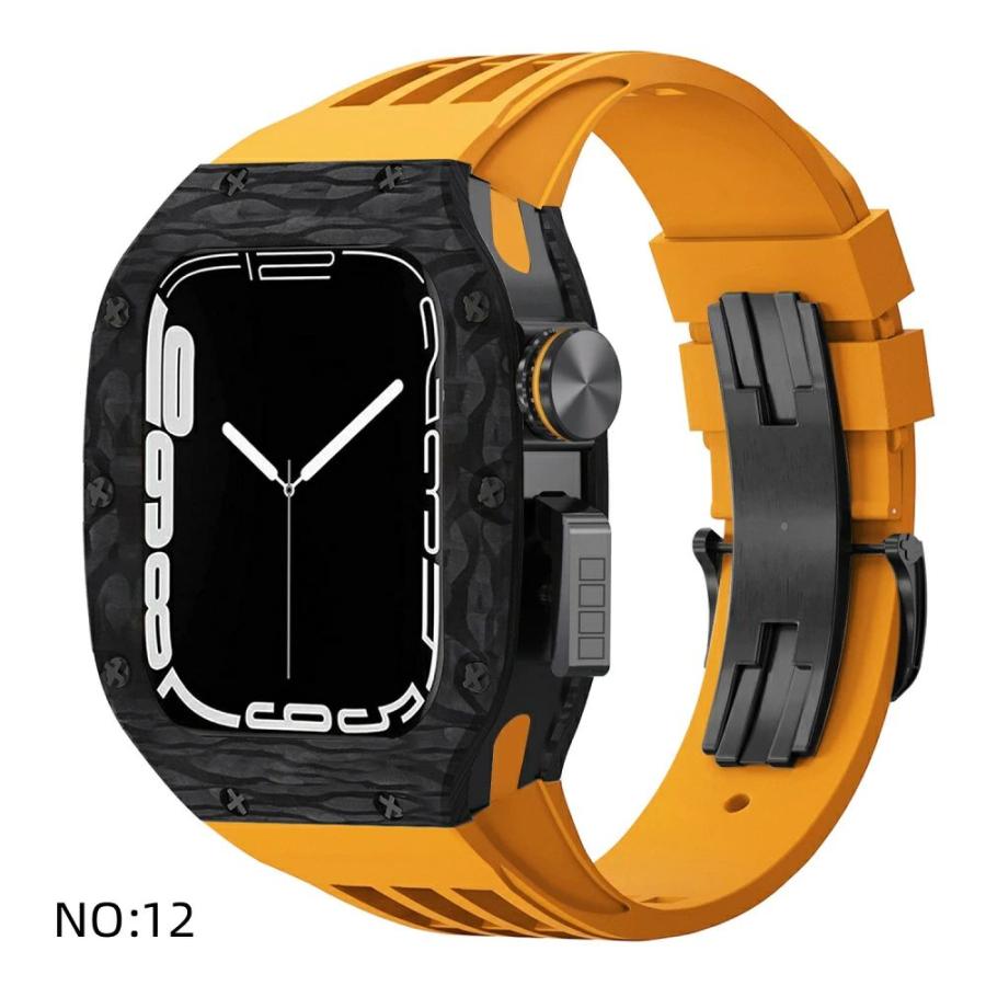 送料無料   Apple Watch se 44mm バンド  Apple Watch series 9 8 7  45mm 一体型 バンド   炭素繊維+チタン合金カバー  Apple Watch se 44mm 一体型 交換用バンの画像