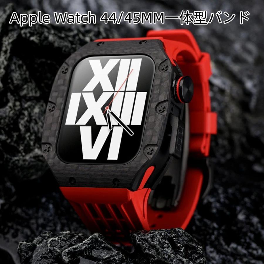 送料無料   Apple Watch se 44mm バンド  Apple Watch series 9 8 7  45mm 一体型 バンド   炭素繊維+チタン合金カバー  Apple Watch se 44mm 一体型 交換用バンの画像