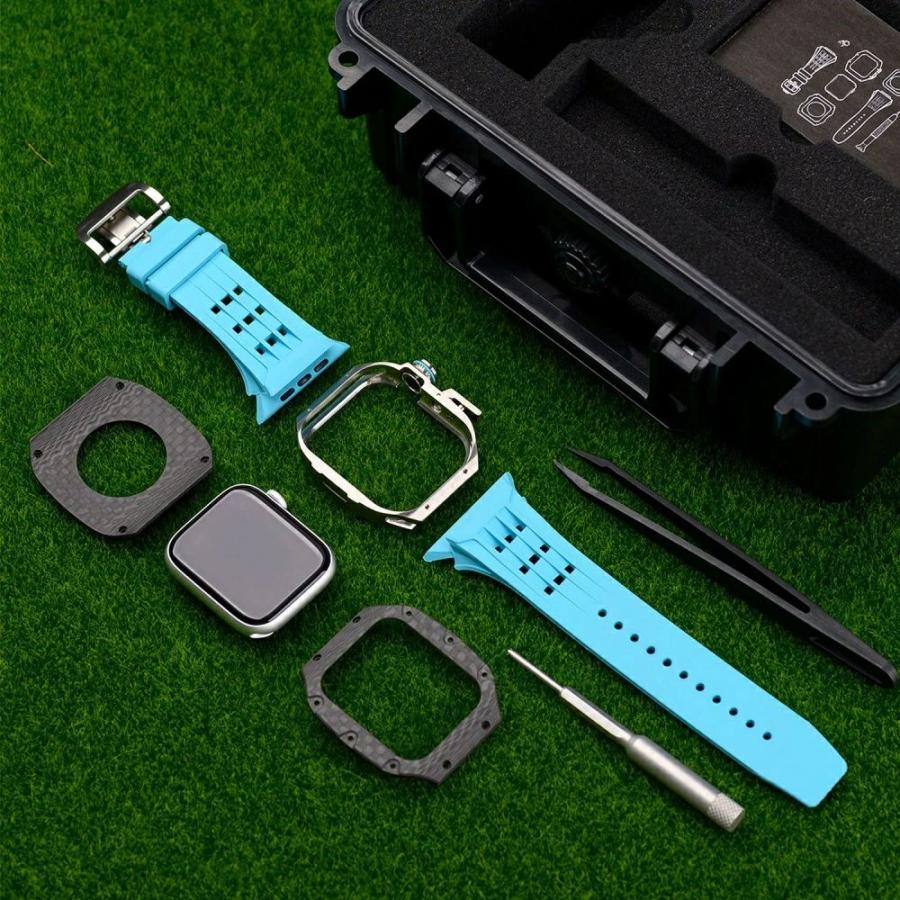 送料無料   Apple Watch se 44mm バンド  Apple Watch series 9 8 7  45mm 一体型 バンド   炭素繊維+チタン合金カバー  Apple Watch se 44mm 一体型 交換用バンの画像