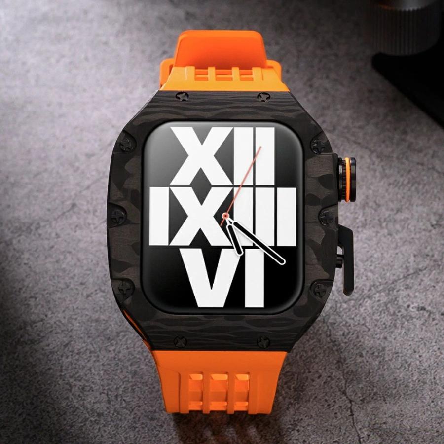 送料無料   Apple Watch se 44mm バンド  Apple Watch series 9 8 7  45mm 一体型 バンド   炭素繊維+チタン合金カバー  Apple Watch se 44mm 一体型 交換用バンの画像