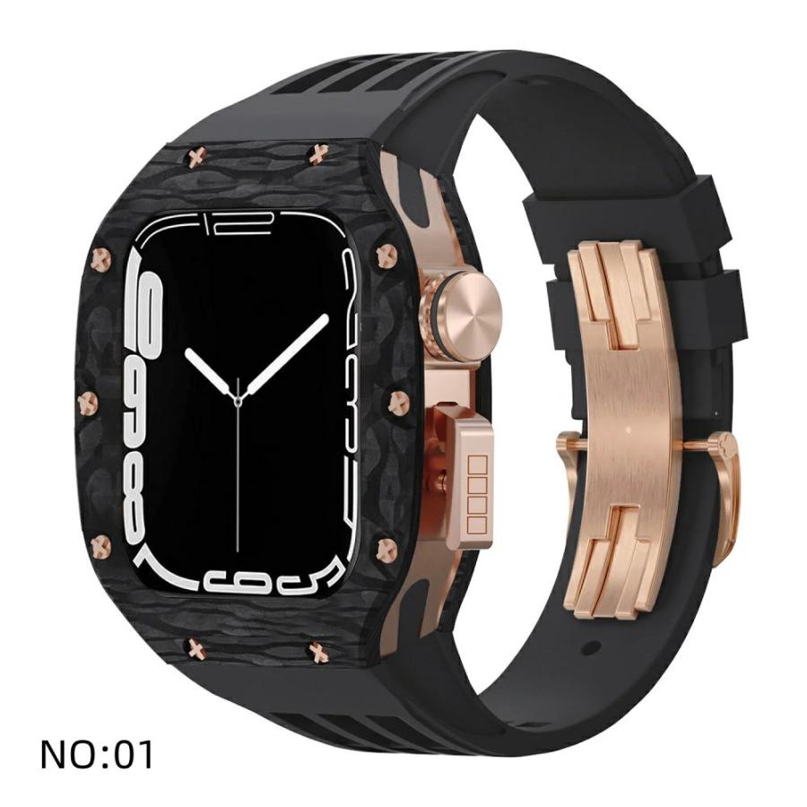 送料無料   Apple Watch se 44mm バンド  Apple Watch series 9 8 7  45mm 一体型 バンド   炭素繊維+チタン合金カバー  Apple Watch se 44mm 一体型 交換用バンの画像