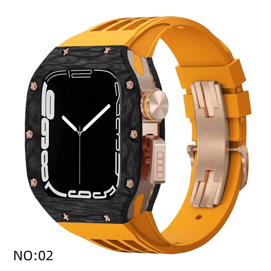 送料無料   Apple Watch se 44mm バンド  Apple Watch series 9 8 7  45mm 一体型 バンド   炭素繊維+チタン合金カバー  Apple Watch se 44mm 一体型 交換用バンの画像
