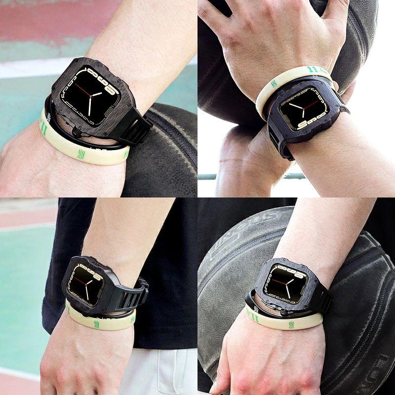 送料無料   Apple Watch se   Apple Watch series 9 8 7 45mm 一体型 バンド   炭素繊維カバー  Apple Watch se 44mm バンド  一体型 交換用バンド Apple Watchの画像