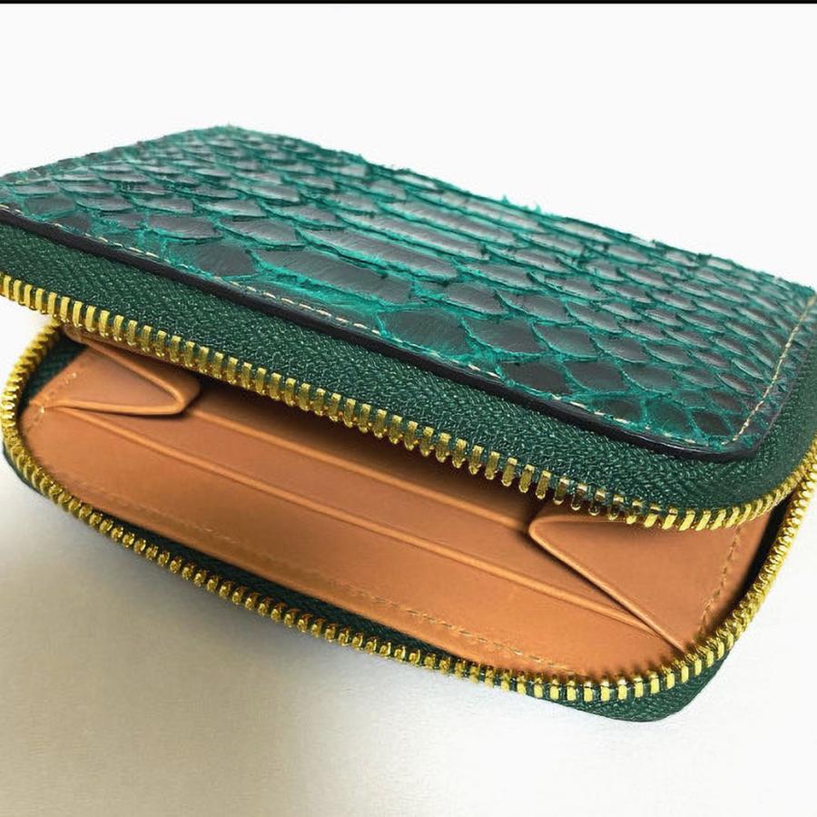 【二つ折り札収納可】ダイヤモンドパイソン 小銭入れ メンズ 本革 ミニ財布 コインケース 蛇革 ダークグリーン ゴールドファスナー GODANE ゴダン 正規品 |  | 05