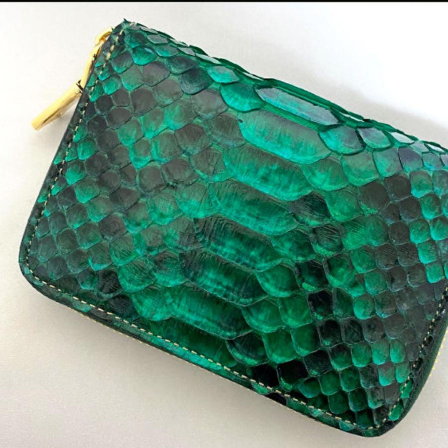 【二つ折り札収納可】ダイヤモンドパイソン 小銭入れ メンズ 本革 ミニ財布 コインケース 蛇革 ダークグリーン ゴールドファスナー GODANE ゴダン 正規品 |  | 06
