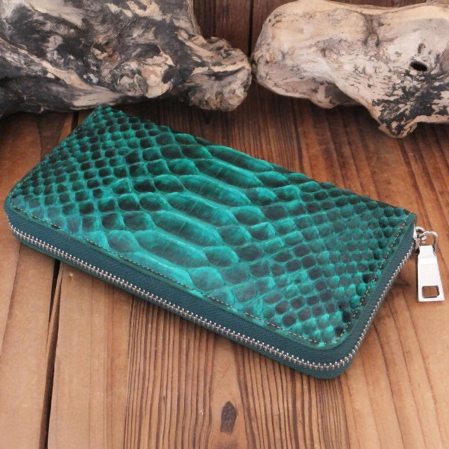 【ダイヤモンドパイソン使用】長財布 メンズ ラウンドファスナー 本革 蛇革 グリーン×タン シルバー金具 GODANE ゴダン 正規品 |  | 02