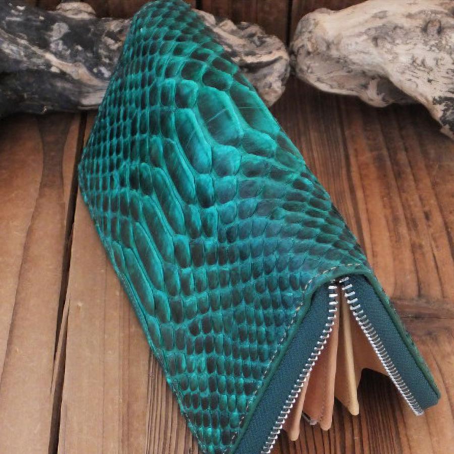 【ダイヤモンドパイソン使用】長財布 メンズ ラウンドファスナー 本革 蛇革 グリーン×タン シルバー金具 GODANE ゴダン 正規品 |  | 04