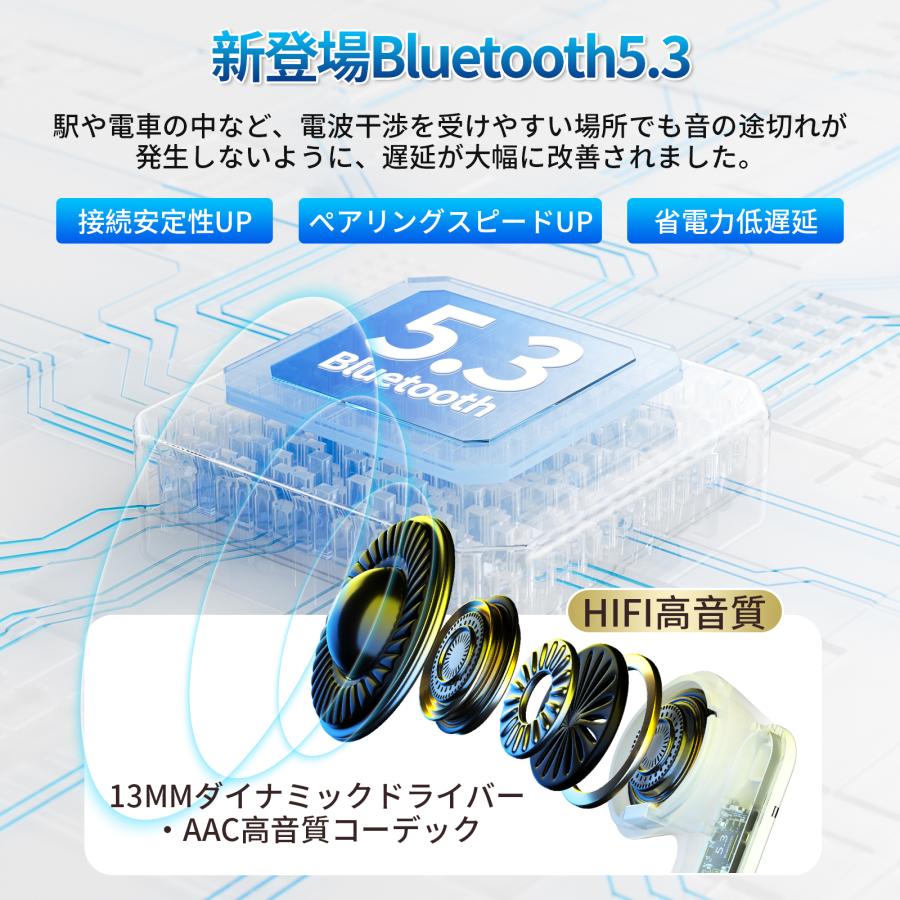 WAPIK ワイヤレスイヤホン イヤホン 高音質HiFi Bluetooth5.3 ノイズ