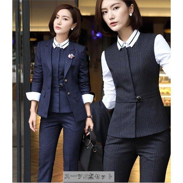 円 最大 Offクーポン パンツスーツレディース リクルートスーツ ベスト付き 5点セット 卒園式 卒業式 就職活動 代30代40代 スカートスーツ ストライプ ビジ