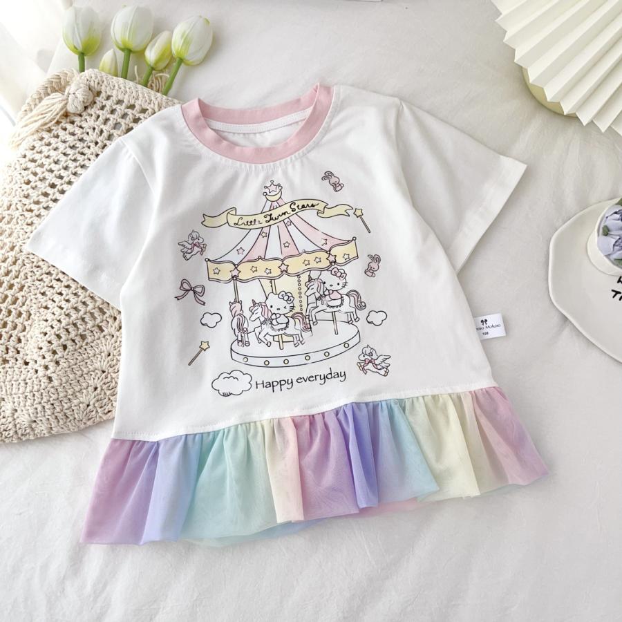 キティちゃん Tシャツ 半袖 女の子 子供服 綿100% レインボースカート 