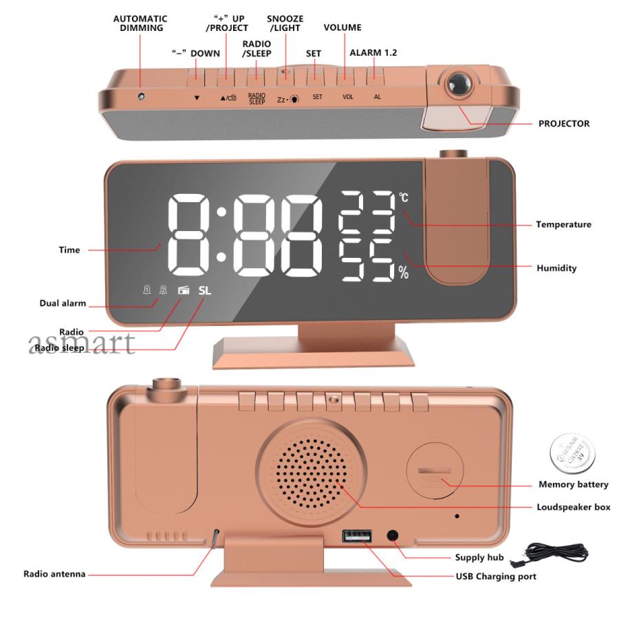 置き時計 多機能 プロジェクター クロック 時計 天井 投影 目覚まし時計 デジタルクロック 温度計 湿度計 鏡 USB電源 史上最も激安