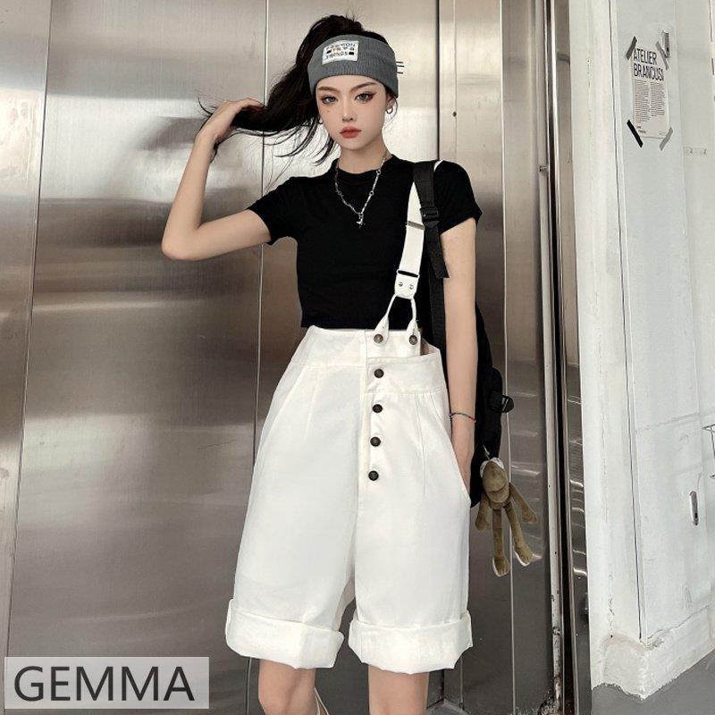 サロペット レディース ハーフパンツ オールインワン ホワイト 方吊り 可愛い 体型カバー ハイウエスト 五分丈 白 夏 ギフ 包装