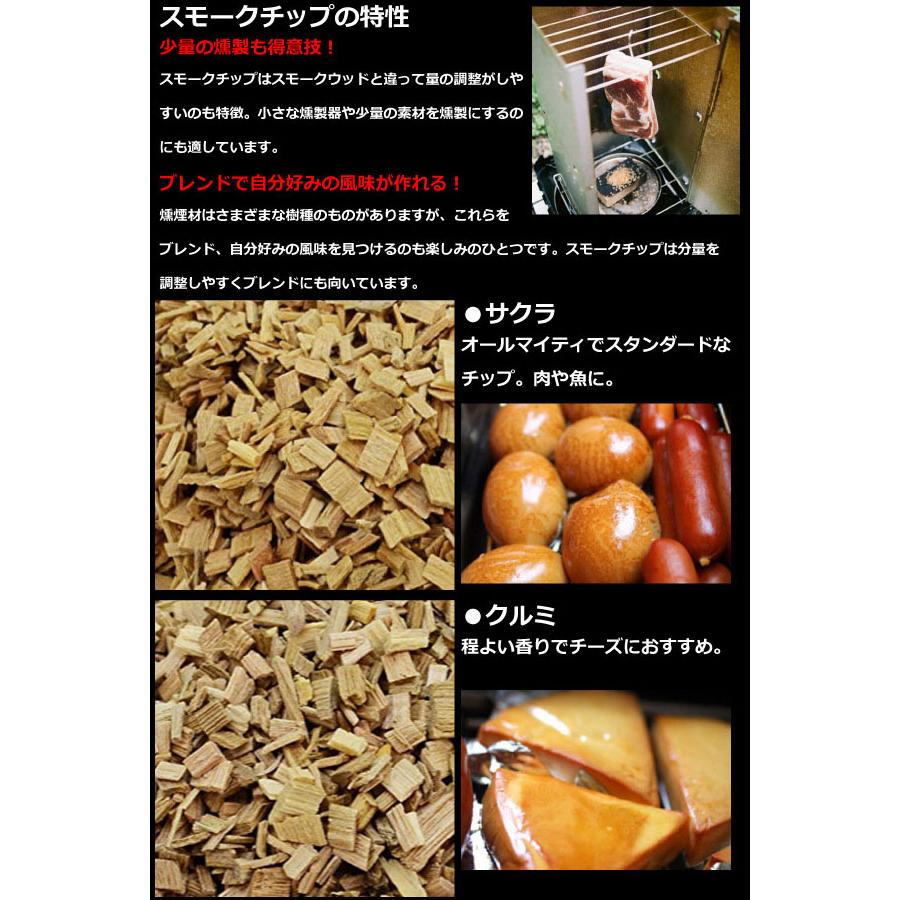 スモークチップ 500g 4種セット サクラ/クルミ/ヒッコリー/ウイスキーオーク 燻製用チップ キャンプ アウトドア 自家製燻製｜asobi｜03