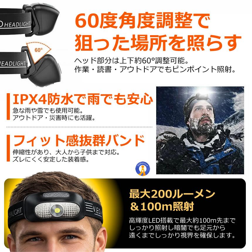ヘッドライト LED ライト 充電式 USB 200ルーメン アウトドア用 5つの