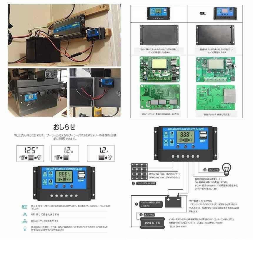 ソーラーチャージコントローラー 30A 12V/24V LCD 鉛蓄電池 車