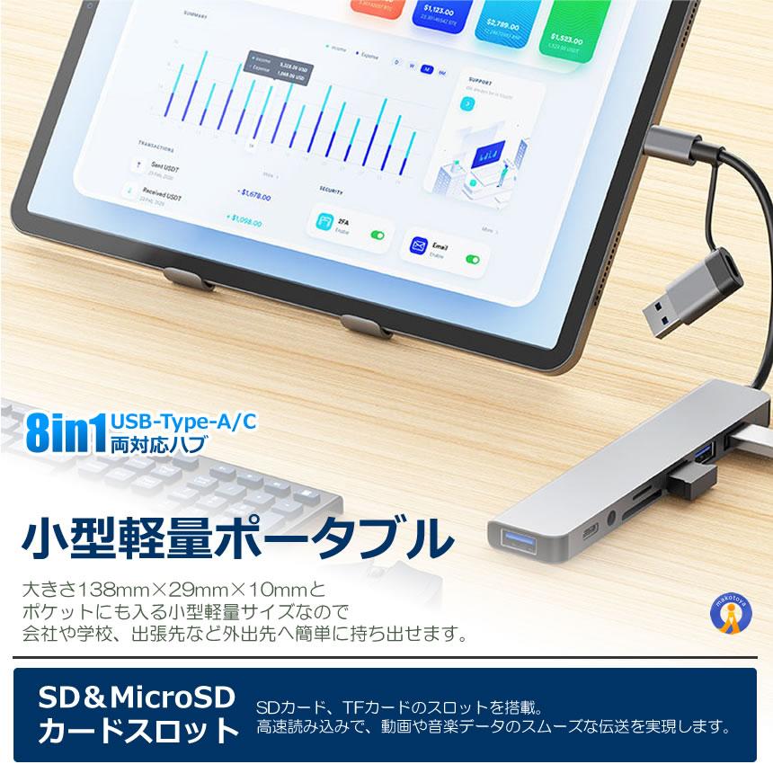 usbハブ USBハブ 8in1 USB-C 3.5mmオーディオ SD microSD カード USB-A
