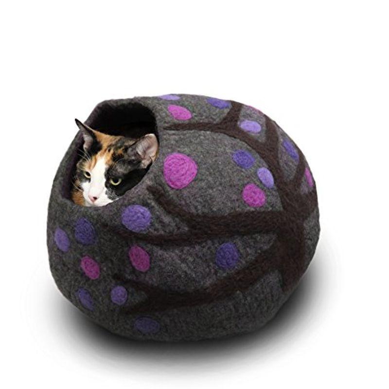 大人気の 猫の手作りベット Eco Kitty Cave オーガニックウール100 色 パープル Lサイズ ベッド クッション ハウス