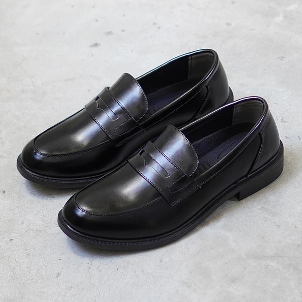 ビジネスシューズ 幅広 3E メンズ ローファー プレーントゥ 黒 甲高