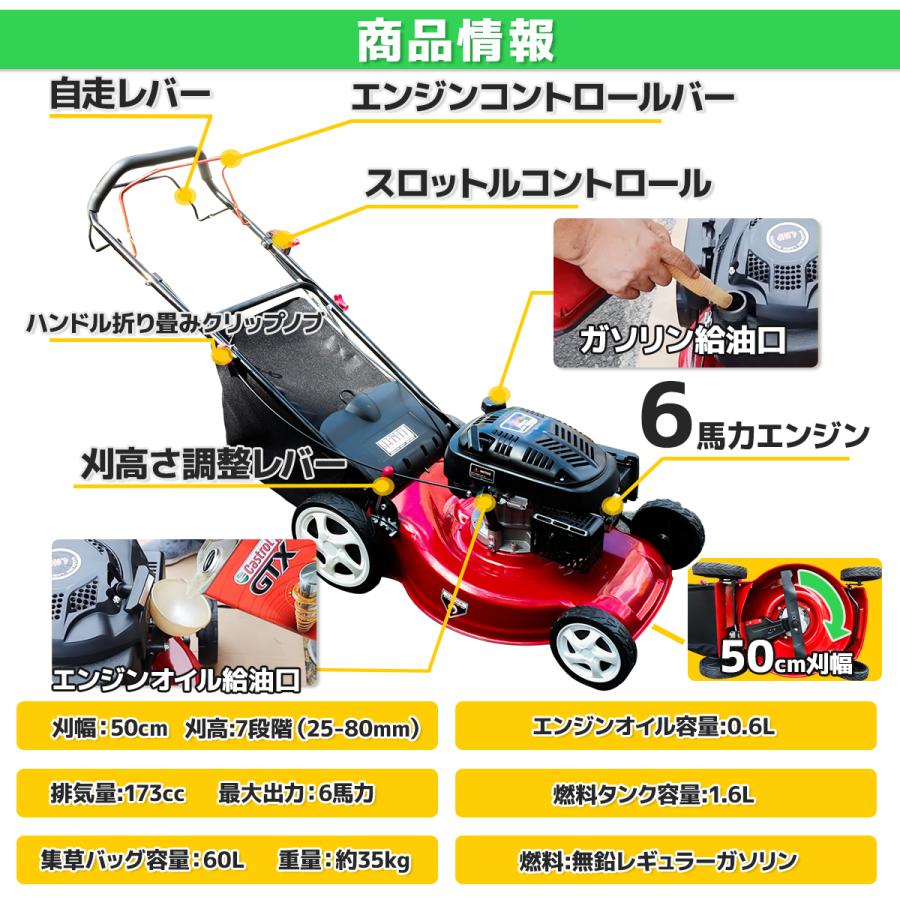 ガソリンエンジン 自走式芝刈り機 芝刈機 芝刈り機 エンジン式 6馬力 自走式 173cc 刈り幅510mm 集