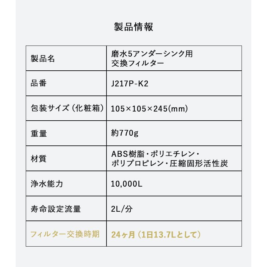 [ 磨水5アンダーシンク用交換フィルター J217P-K2 ] 浄水 水 水道水 ろ過 炭 活性炭 浄水器 整水器 水生活製作所 MIZSEI | 水生活製作所 | 13