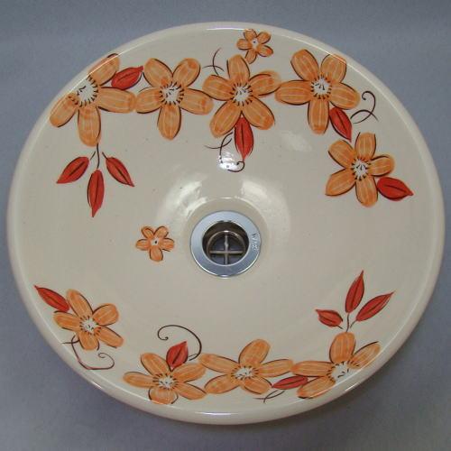 φ300×H110  花柄-赤オレンジ（小）手洗い器   信楽焼 陶器 手洗器 手洗い鉢 和風 手洗鉢 洗面ボウル 洗面ボール  トイレ  洗面台 Y-AW-69