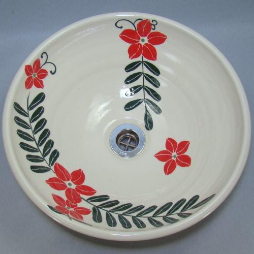 φ340×H125 南国の花（赤）（中）手洗い器 信楽焼 陶器 手洗器 手洗い鉢 和風 手洗鉢 洗面ボウル 洗面ボール  トイレ  洗面台 Y-AW-702