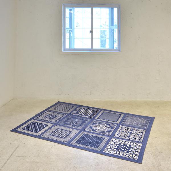 ハンドメイド✃アンティーク ホームスパンリネン＆ボーダー 青ステッチマット ラグ ハンドメイド✃アンティーク ホームスパンリネン＆ボーダー 青ステッチ