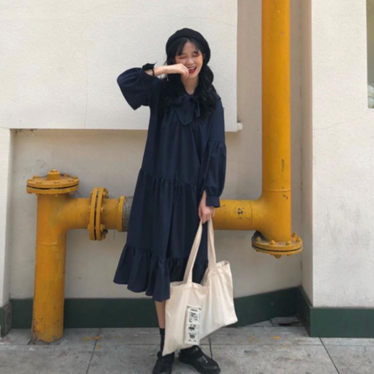 新品即決 ロングワンピース マキシワンピース ボウタイワンピース 長袖ワンピース レディース 無地 ゆったり 韓国スタイル フリルワンピース フェミニン エ ワンピース サイズ 袖丈50 Www We Job Com