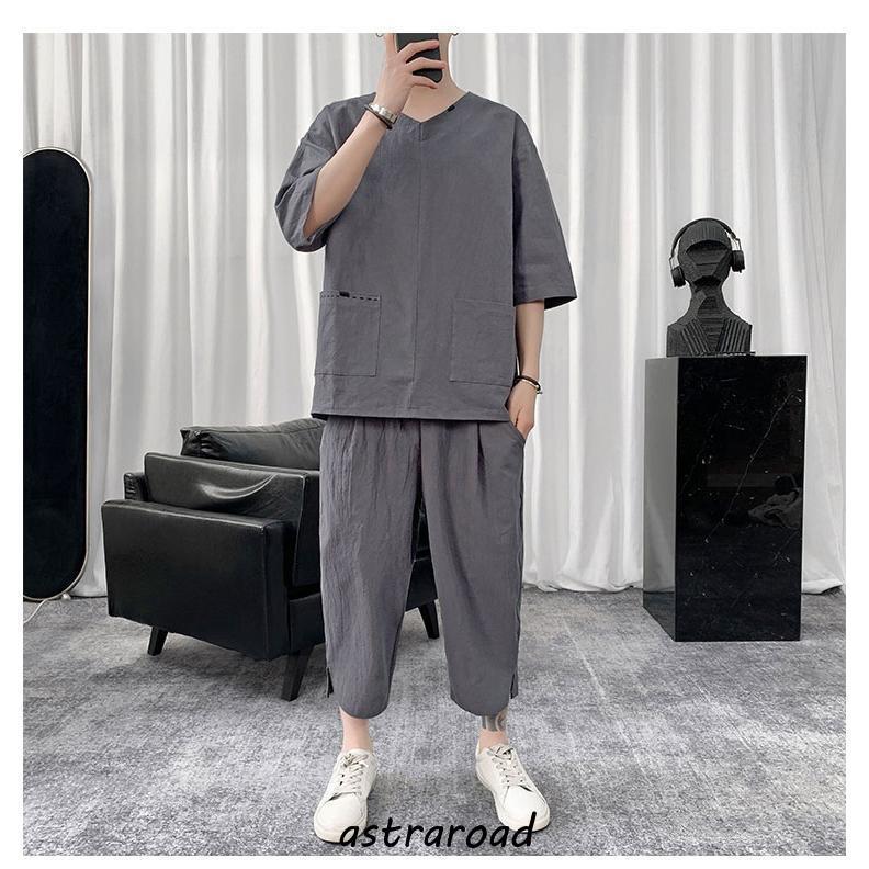 セットアップ メンズ 綿麻 Tシャツ 半袖 ルームウェア 薄手 ジャージ 7
