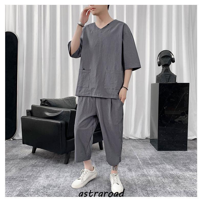 セットアップ メンズ 綿麻 Tシャツ 半袖 ルームウェア 薄手 ジャージ 7 
