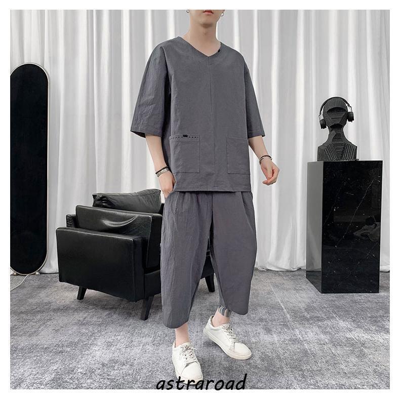セットアップ メンズ 綿麻 Tシャツ 半袖 ルームウェア 薄手 ジャージ 7 