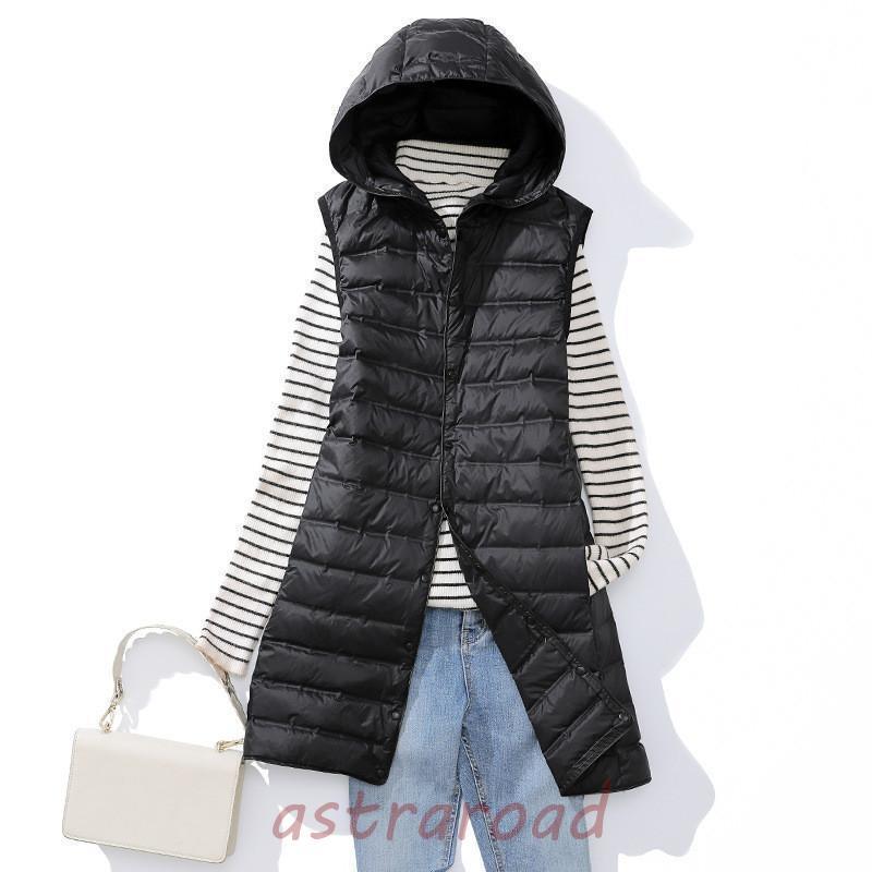 ダウンベスト レディース ベスト 袖なし フード付き 無地 ロングベスト