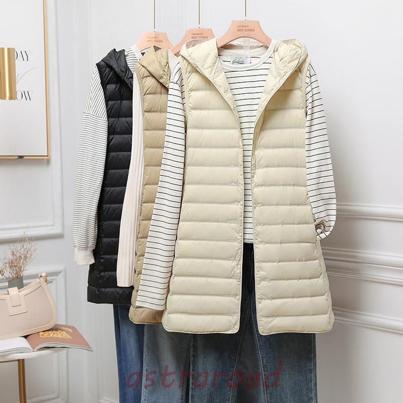 ダウンベスト レディース ベスト 袖なし フード付き 無地 ロングベスト