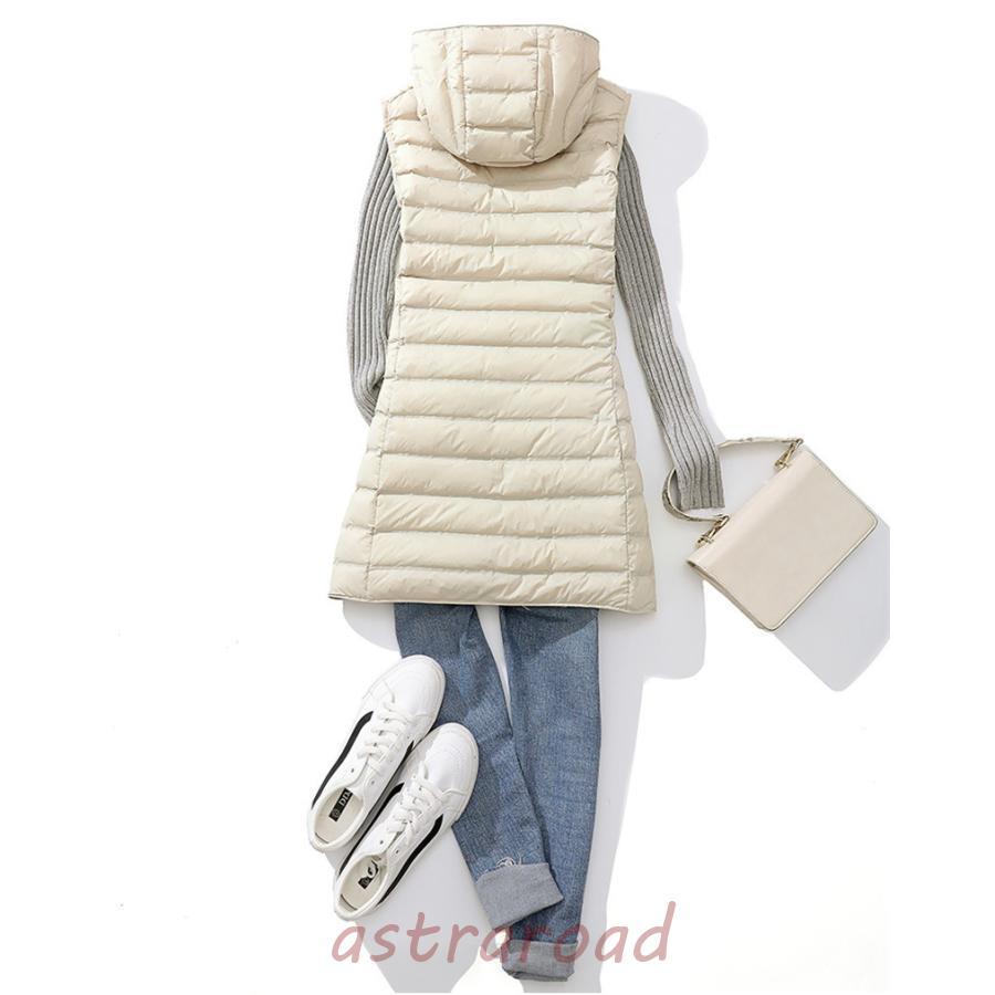 ダウンベスト レディース ベスト 袖なし フード付き 無地 ロングベスト