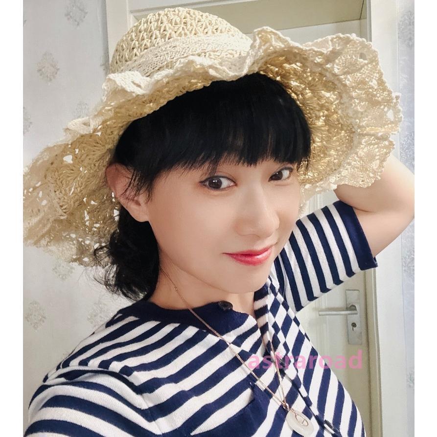 レースリボン フリル レディース 帽子 つば広 ハット 麦わら帽子