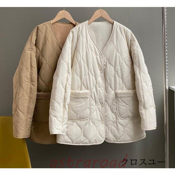 ボアコート レディース 秋冬 ムートンコート 中綿コート ノーカラー