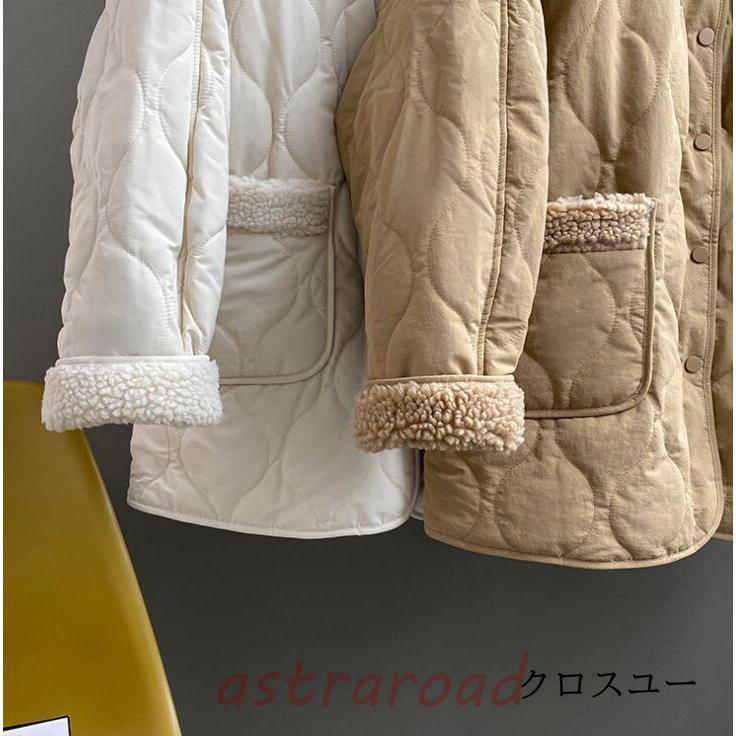 ボアコート レディース 秋冬 ムートンコート 中綿コート ノーカラー