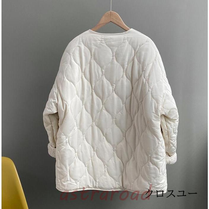 ボアコート レディース 秋冬 ムートンコート 中綿コート ノーカラー