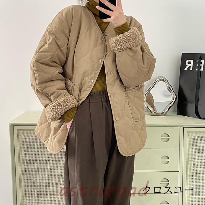 ボアコート レディース 秋冬 ムートンコート 中綿コート ノーカラー