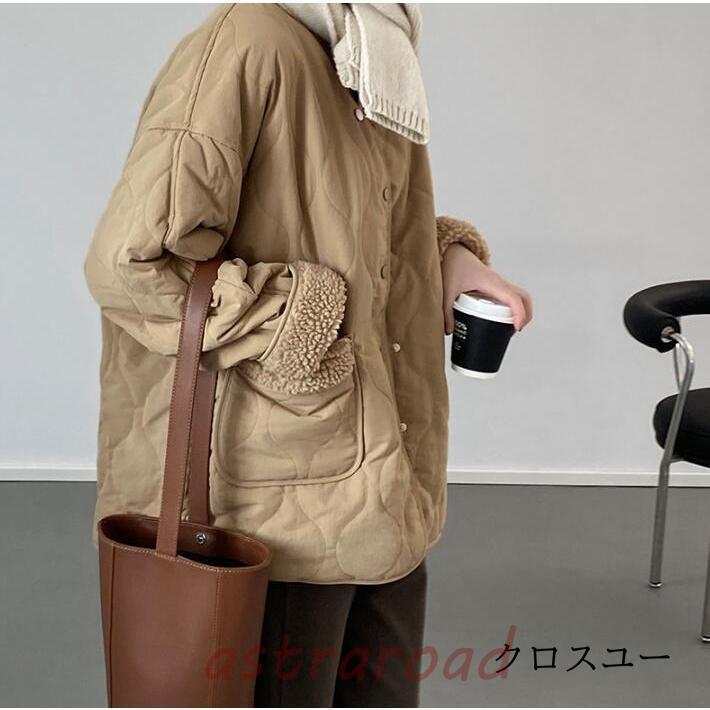 ボアコート レディース 秋冬 ムートンコート 中綿コート ノーカラー