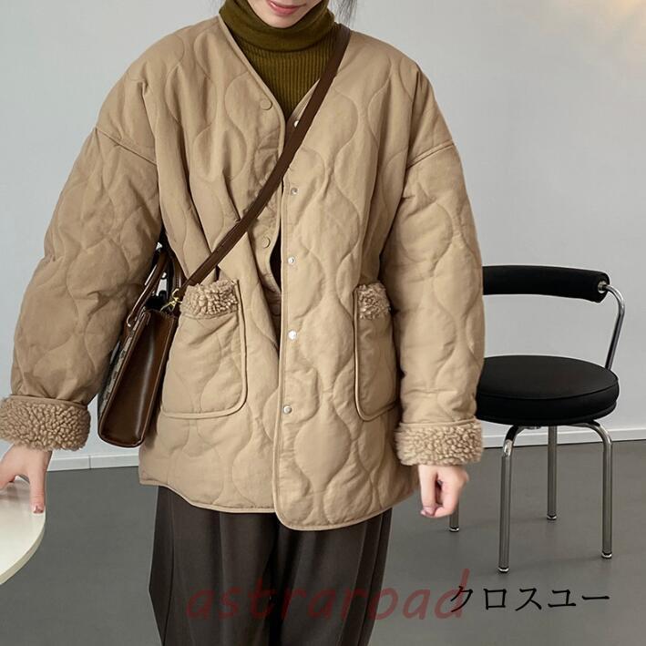 ボアコート レディース 秋冬 ムートンコート 中綿コート ノーカラー