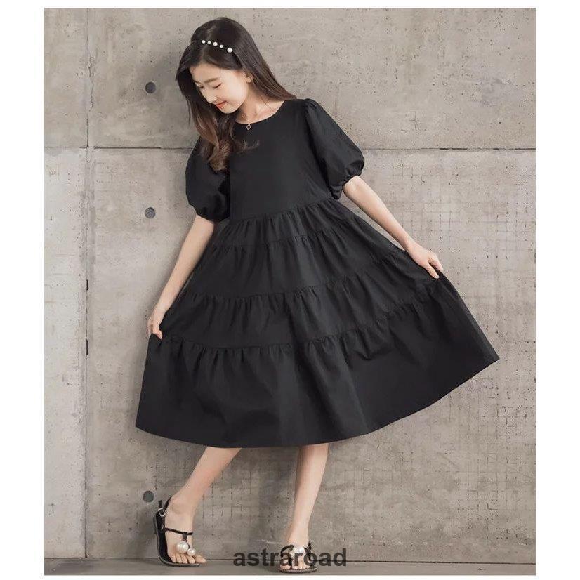 time-child.k.422です★半袖ワンピース ワンピース 春 半袖 綿100％ ティアード半袖ワンピース 黒 白