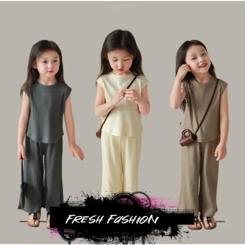 子供服 セットアップ 夏 韓国子供服 女の子 ジュニア キッズ 上下セット 無地 Tシャツ 半袖 ガウチョパンツ  可愛い おしゃれ 通学着 通園着 | ブランド登録なし