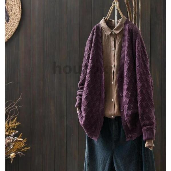 ニットカーディガン レディース ジャガード織 春 秋冬 無地 長袖 V