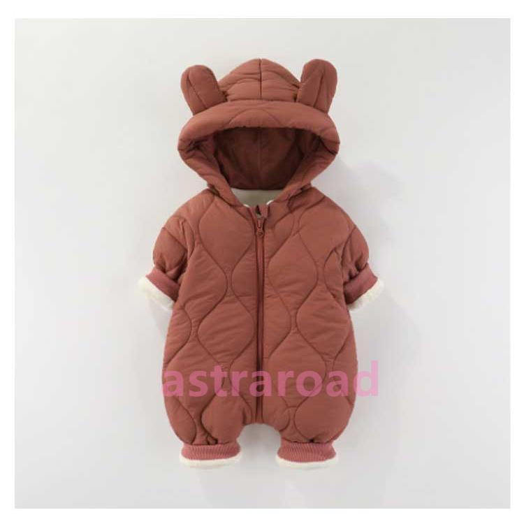 montbell 赤 フード付ベビージャンプスーツ80cm ベビー ジャンプスーツ 子供服 ベビー服 カバーオール 男の子 女の子