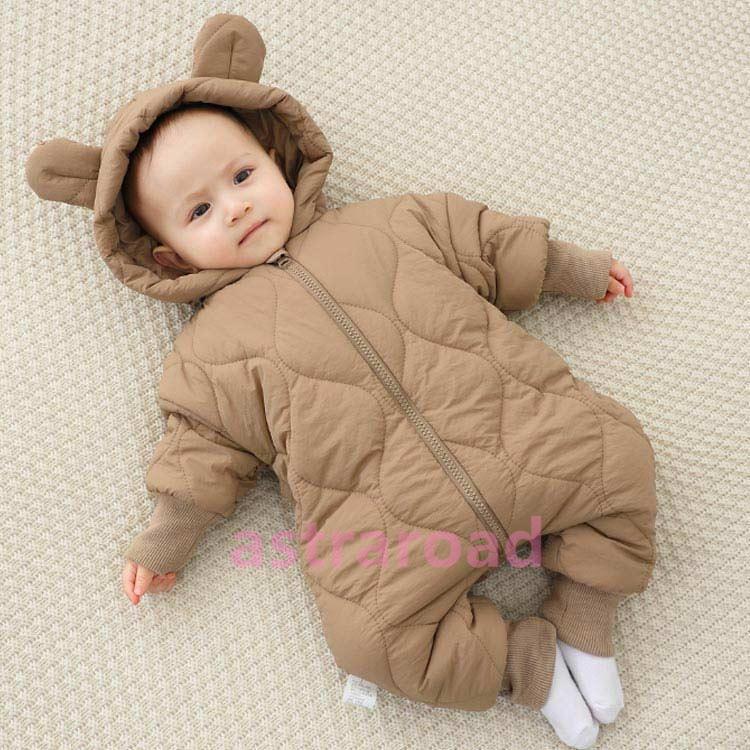 ジャンプスーツ 雪遊び ベビー カバーオール 耳付き くま耳 秋冬